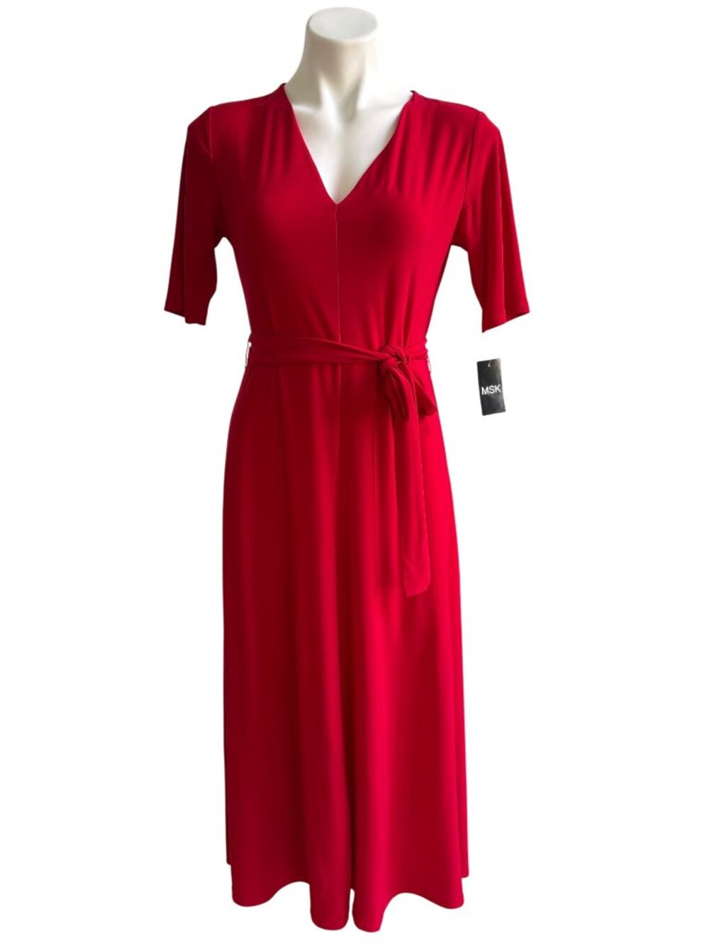 MSK NWT $69 Womens Red Jersey V-Neck Midi Dress With Belt Size S - Picture 2 of 10